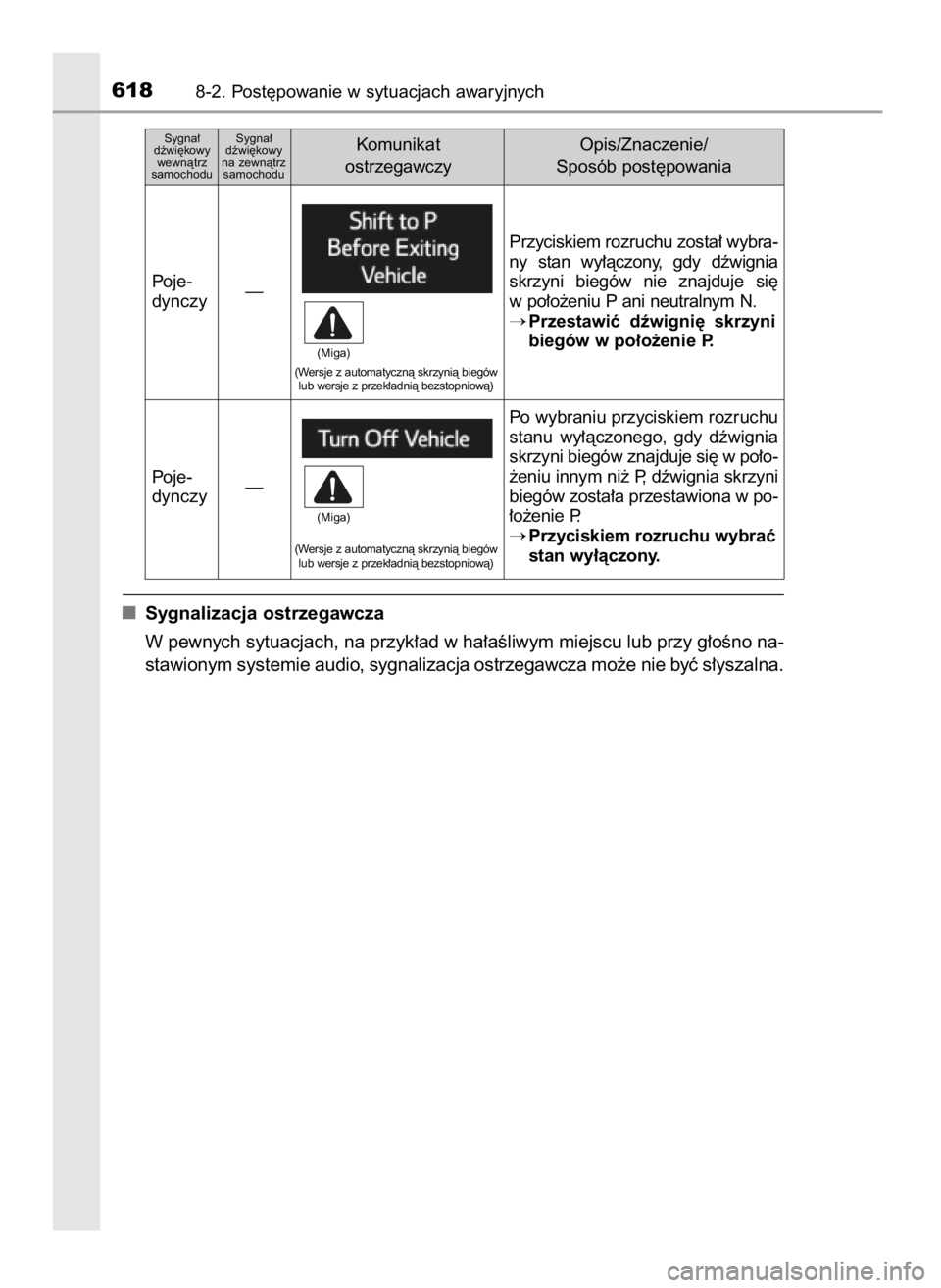 TOYOTA RAV4 2016  Instrukcja obsługi (in Polish) Sygnalizacja ostrzegawcza
W pewnych sytuacjach, na przyk∏ad w ha∏aÊliwym miejscu lub przy g∏oÊno na-
stawionym systemie audio, sygnalizacja ostrzegawcza mo˝e nie byç s∏yszalna.
6188-2. Pos