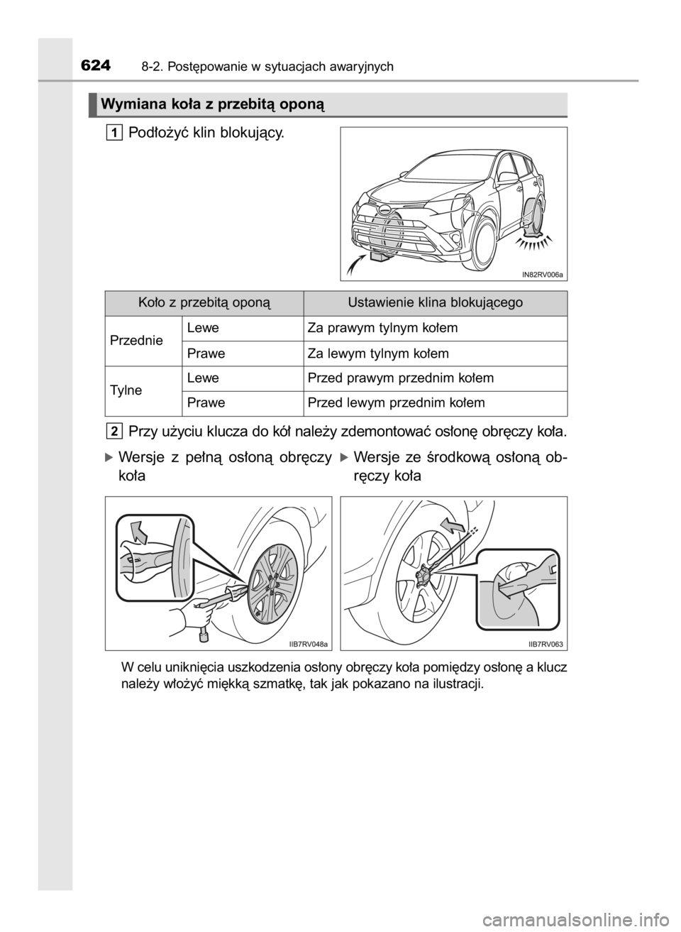 TOYOTA RAV4 2016  Instrukcja obsługi (in Polish) Pod∏o˝yç klin blokujàcy.
Przy u˝yciu klucza do kó∏ nale˝y zdemontowaç os∏on´ obr´czy ko∏a.
W celu unikni´cia uszkodzenia os∏ony obr´czy ko∏a pomi´dzy os∏on´ a klucz
nale˝y 