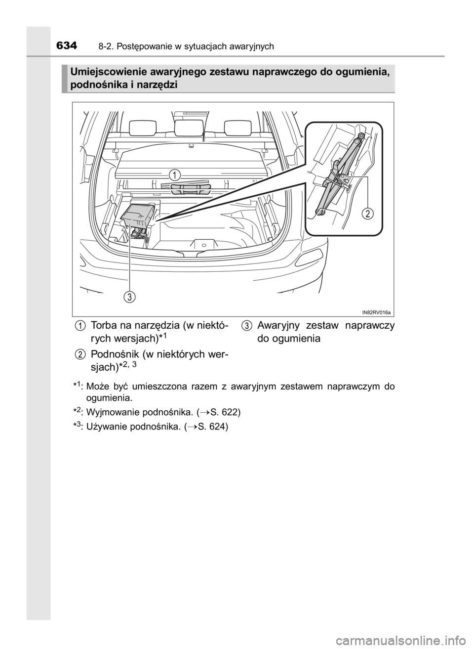 TOYOTA RAV4 2016  Instrukcja obsługi (in Polish) *1: Mo˝e  byç  umieszczona  razem  z awaryjnym  zestawem  naprawczym  do
ogumienia.
*
2: Wyjmowanie podnoÊnika. (S.  622)
*
3: U˝ywanie podnoÊnika. (S. 624)
6348-2. Post´powanie w sytuacjach a