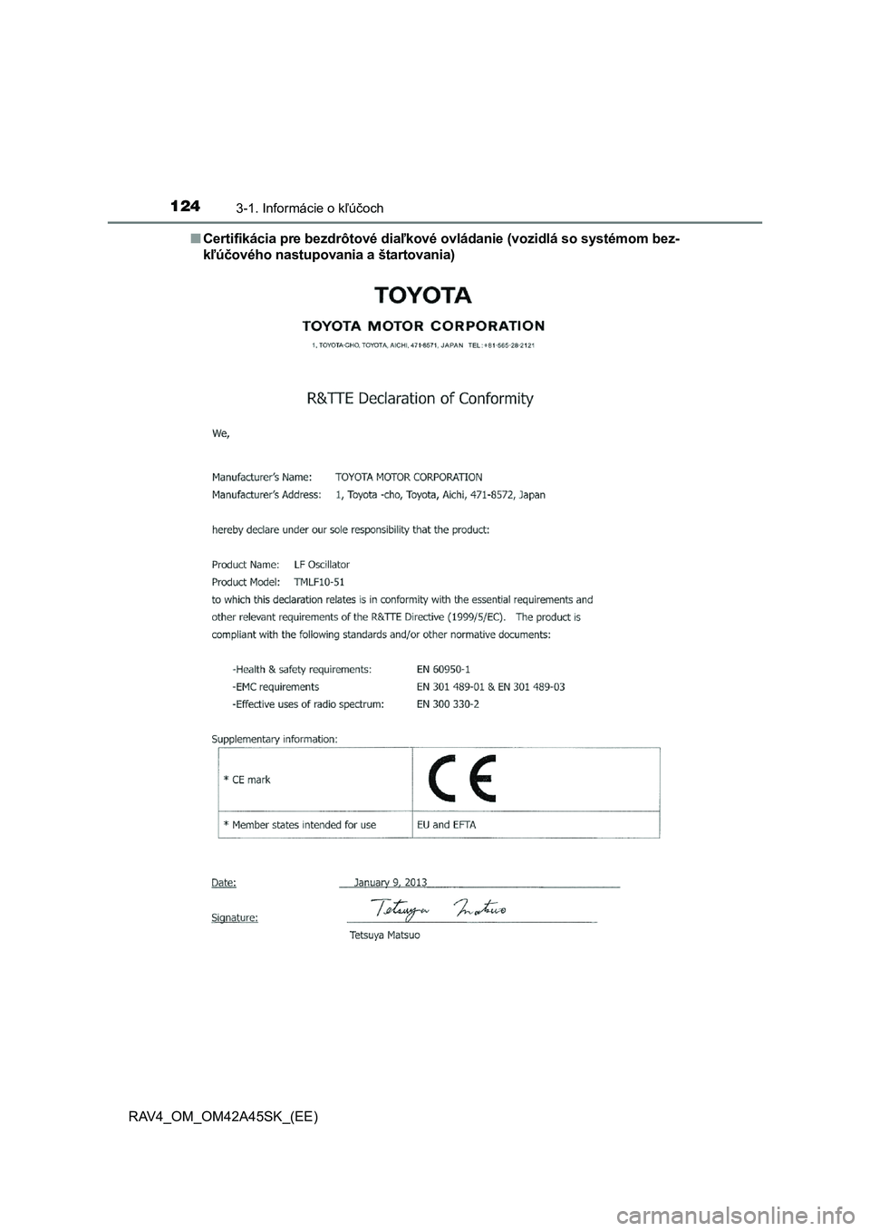 TOYOTA RAV4 2016  Návod na použitie (in Slovakian) 1243-1. Informácie o kľúčoch
RAV4_OM_OM42A45SK_(EE) 
■ Certifikácia pre bezdrôtové diaľkové ovládanie (vozidlá so systémom bez- 
k ľúčového nastupovania a štartovania) 