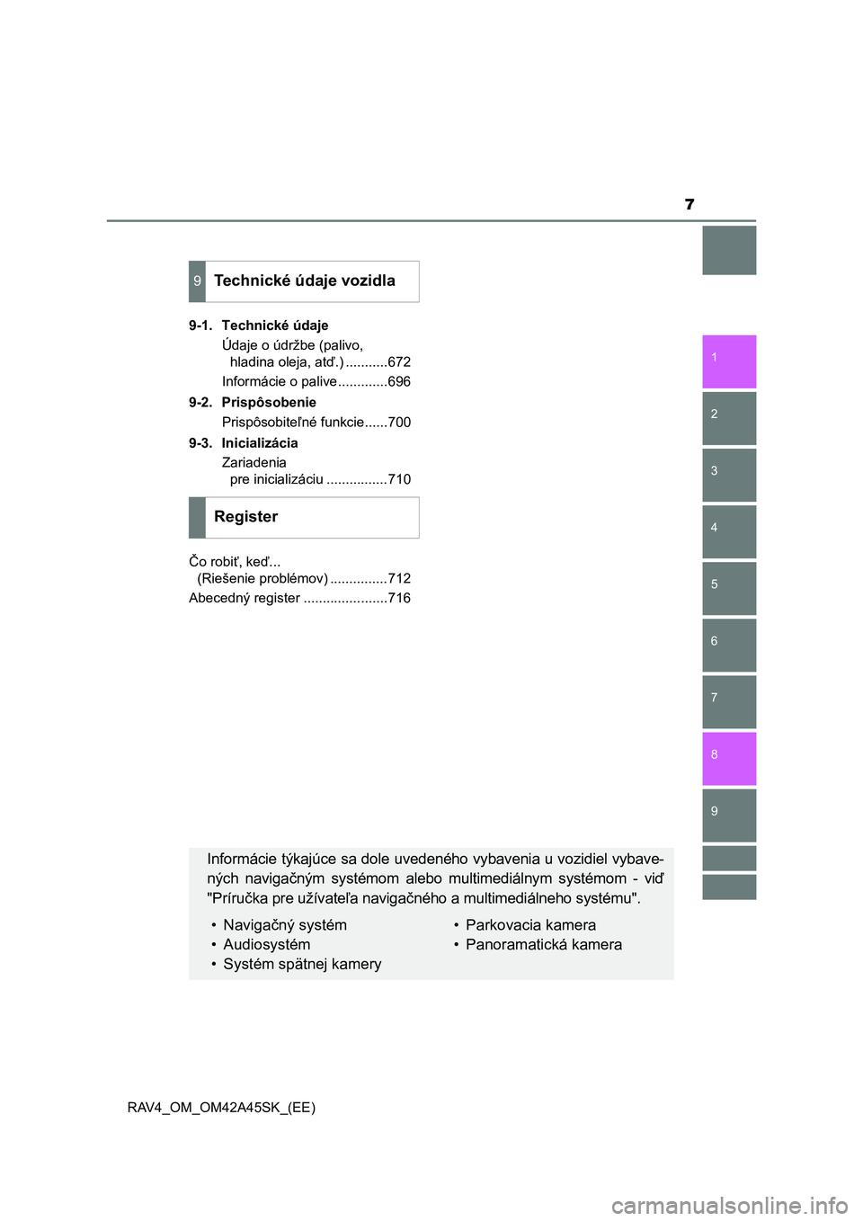 TOYOTA RAV4 2016  Návod na použitie (in Slovakian) 9 8
7
1
7 6
5
4
3
2
RAV4_OM_OM42A45SK_(EE)9-1. Technické údaje
Údaje o údržbe (palivo, 
hladina oleja, atď.) ...........672
Informácie o palive.............696
9-2. Prispôsobenie
Prispôsobite