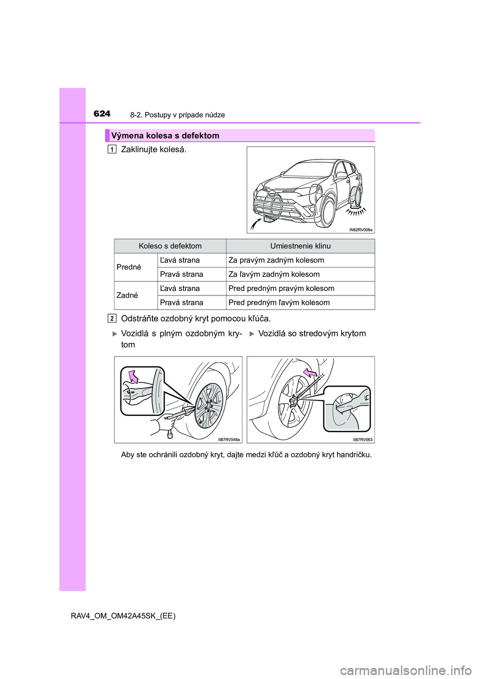TOYOTA RAV4 2016  Návod na použitie (in Slovakian) 6248-2. Postupy v prípade núdze
RAV4_OM_OM42A45SK_(EE)
Zaklinujte kolesá.
Odstráňte ozdobný kryt pomocou kľúča.
Aby ste ochránili ozdobný kryt, dajte medzi kľúč a ozdobný kryt handričk