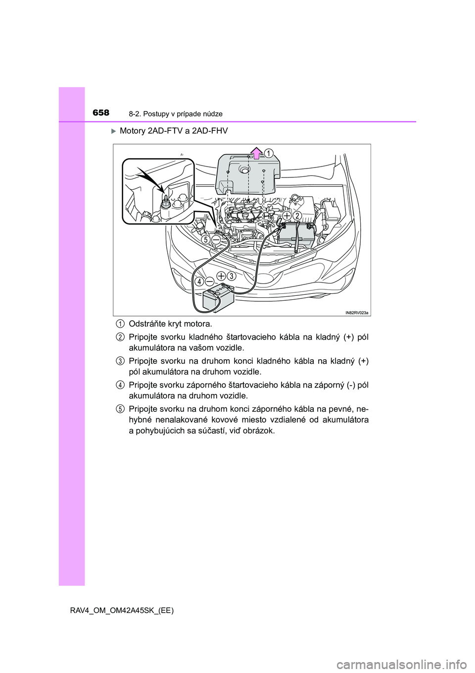 TOYOTA RAV4 2016  Návod na použitie (in Slovakian) 6588-2. Postupy v prípade núdze
RAV4_OM_OM42A45SK_(EE)
Motory 2AD-FTV a 2AD-FHV
Odstráňte kryt motora.
Pripojte svorku kladného štartovacieho kábla na kladný (+) pól
akumulátora na vašom