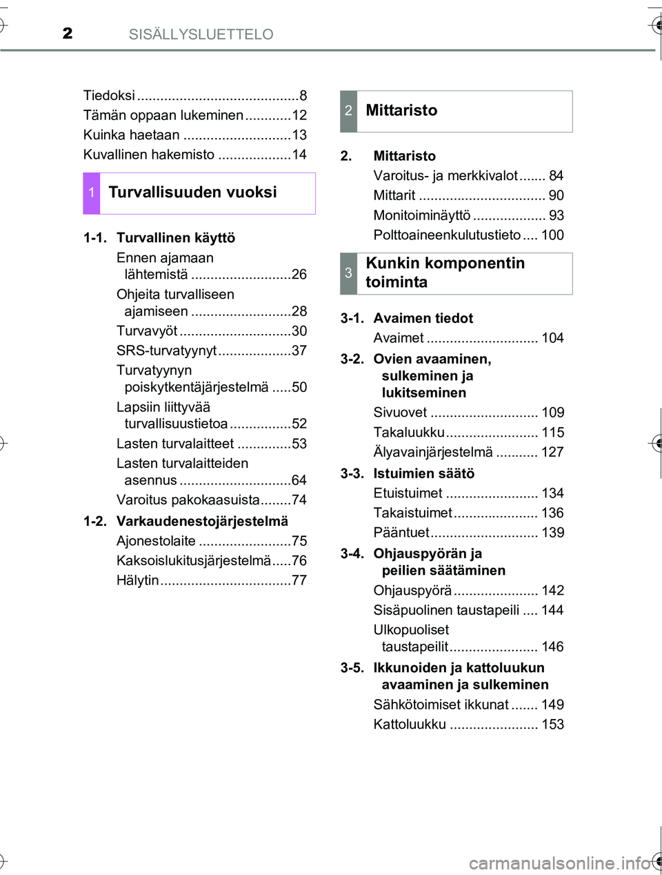 TOYOTA RAV4 2016  Omistajan Käsikirja (in Finnish) SISÄLLYSLUETTELO2
OM42A45FITiedoksi ..........................................8
Tämän oppaan lukeminen ............12
Kuinka haetaan ............................13
Kuvallinen hakemisto ............