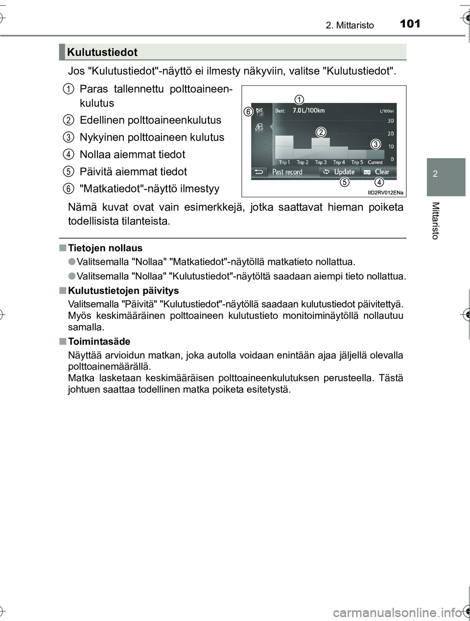 TOYOTA RAV4 2016  Omistajan Käsikirja (in Finnish) 1012. Mittaristo
2
Mittaristo
OM42A45FI
Jos "Kulutustiedot"-näyttö ei ilmesty näkyviin, valitse "Kulutustiedot".
Paras tallennettu polttoaineen-
kulutus
Edellinen polt toaineenkulutus
Nykyinen polt