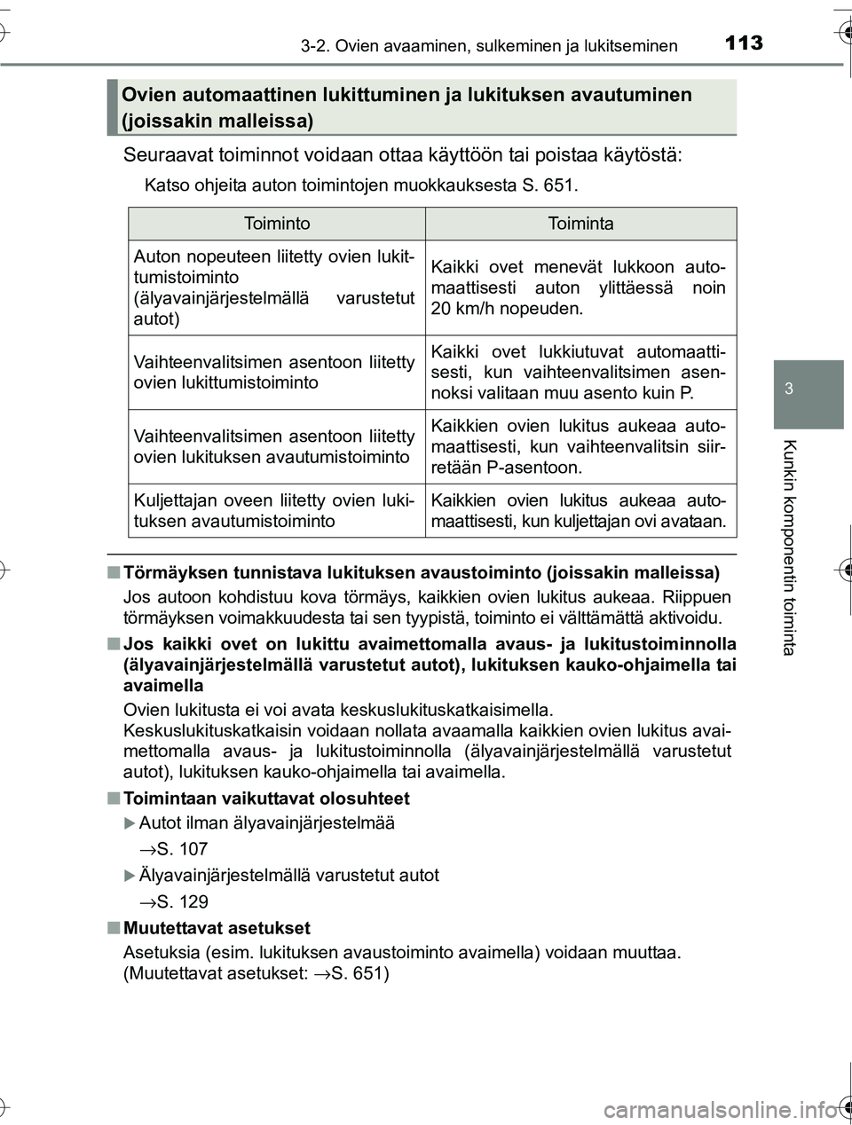 TOYOTA RAV4 2016  Omistajan Käsikirja (in Finnish) 1133-2. Ovien avaaminen, sulkeminen ja lukitseminen
3
Kunkin komponentin toiminta
OM42A45FI
Seuraavat toiminnot voidaan ottaa käyttöön tai poistaa käytöstä:
Katso ohjeita auton toimintojen muokk