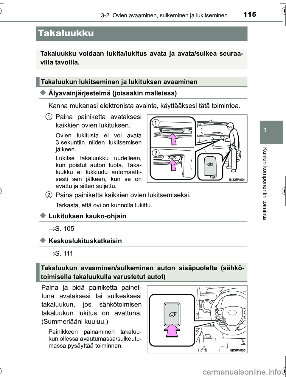 TOYOTA RAV4 2016  Omistajan Käsikirja (in Finnish) 115
3
3-2. Ovien avaaminen, sulkeminen ja lukitseminen
Kunkin komponentin toiminta
OM42A45FI
Takaluukku
◆Älyavainjärjestelmä (joissakin malleissa)
Kanna mukanasi elektronista avainta, käyttääk