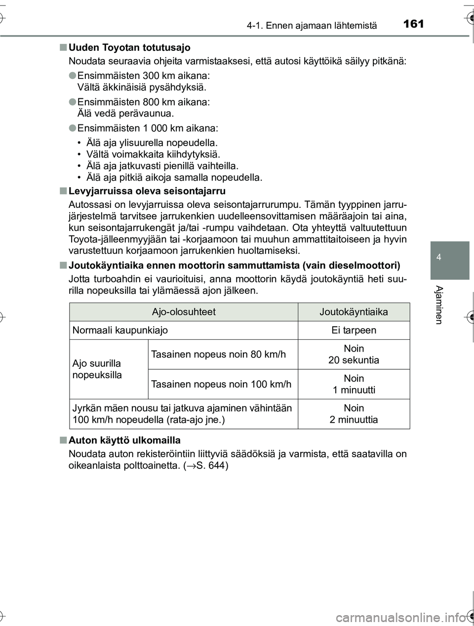 TOYOTA RAV4 2016  Omistajan Käsikirja (in Finnish) 1614-1. Ennen ajamaan lähtemistä
4
Ajaminen
OM42A45FI■
Uuden Toyotan totutusajo
Noudata seuraavia ohjeita varmistaaksesi,  että autosi käyttöikä säilyy pitkänä:
● Ensimmäisten 300 km aik