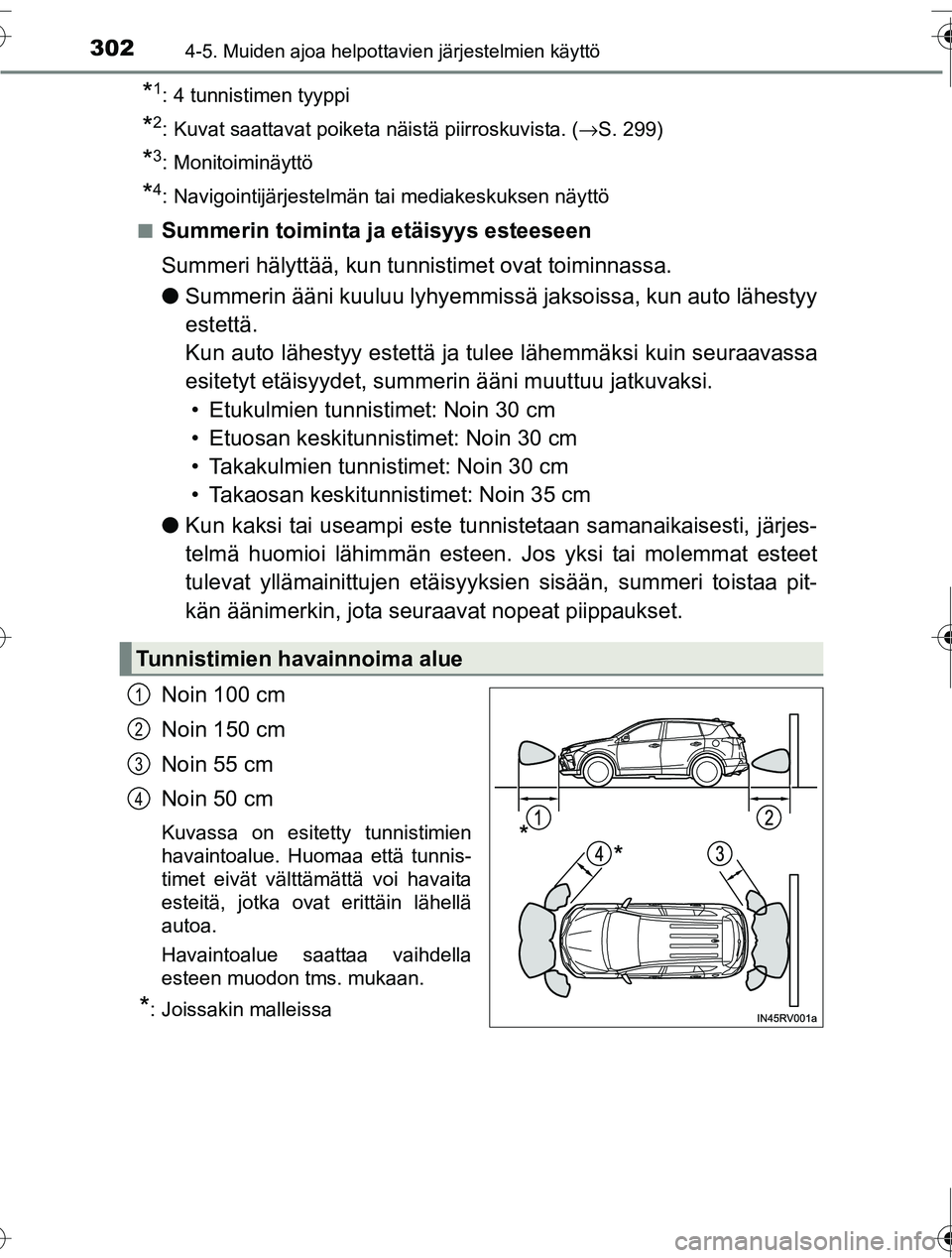TOYOTA RAV4 2016  Omistajan Käsikirja (in Finnish) 3024-5. Muiden ajoa helpottavien järjestelmien käyttö
OM42A45FI
*1: 4 tunnistimen tyyppi
*2: Kuvat saattavat poiketa näistä piirroskuvista. (→S. 299)
*3: Monitoiminäyttö
*4: Navigointijärjes