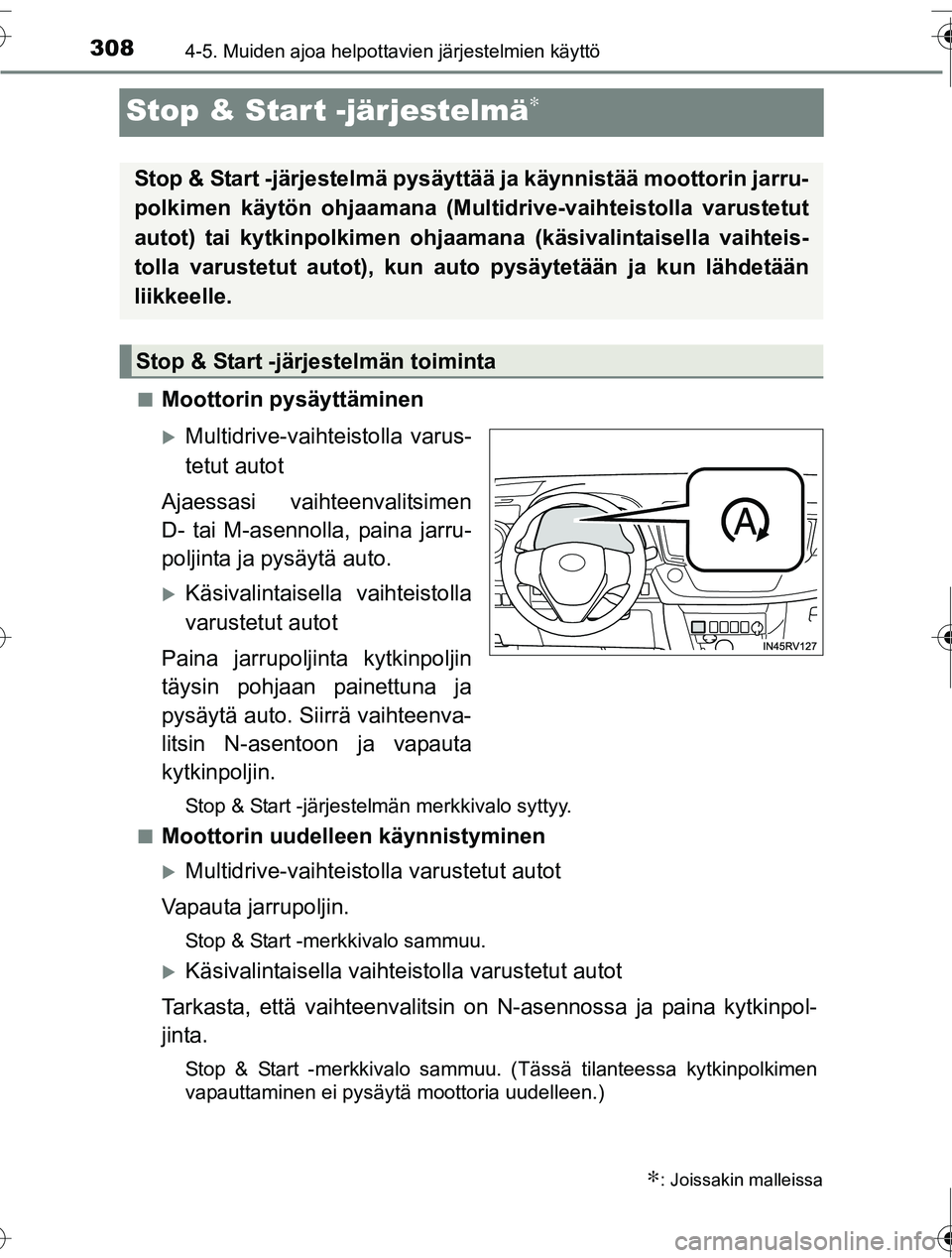 TOYOTA RAV4 2016  Omistajan Käsikirja (in Finnish) 3084-5. Muiden ajoa helpottavien järjestelmien käyttö
OM42A45FI
Stop & Start -järjestelmä∗
■Moottorin pysäyttäminen
�XMultidrive-vaihteistolla varus-
tetut autot
Ajaessasi vaihteenvalitsime