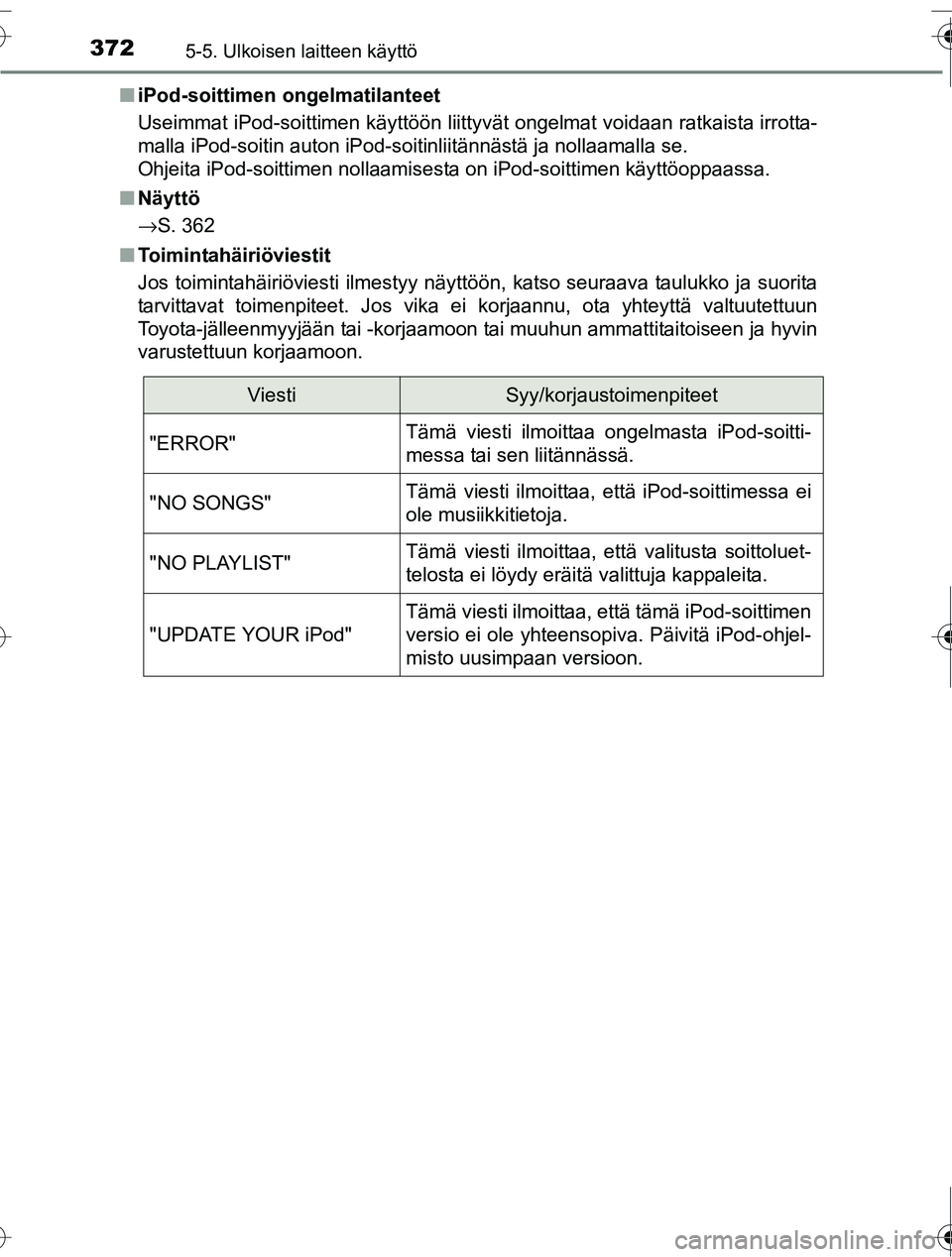 TOYOTA RAV4 2016  Omistajan Käsikirja (in Finnish) 3725-5. Ulkoisen laitteen käyttö
OM42A45FI■
iPod-soittimen ongelmatilanteet
Useimmat iPod-soittimen käyttöön liittyvät ongelmat voidaan ratkaista irrotta-
malla iPod-soitin auton iPod-soitinli