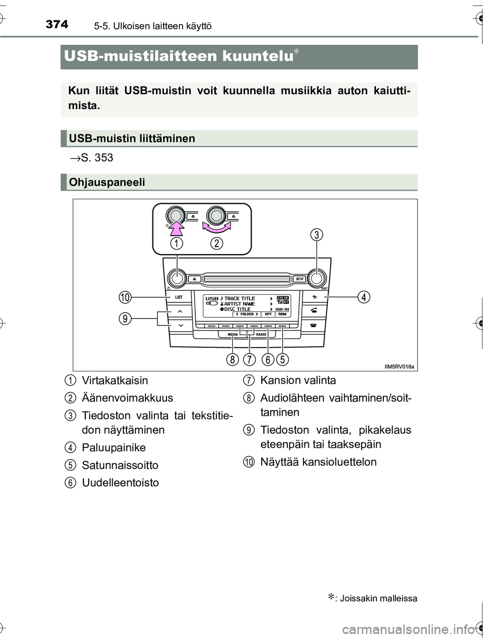 TOYOTA RAV4 2016  Omistajan Käsikirja (in Finnish) 3745-5. Ulkoisen laitteen käyttö
OM42A45FI
USB-muistilaitteen kuuntelu∗
→S. 353
∗: Joissakin malleissa
Kun liität USB-muistin voit kuunnella musiikkia auton kaiutti-
mista.
USB-muistin liitt