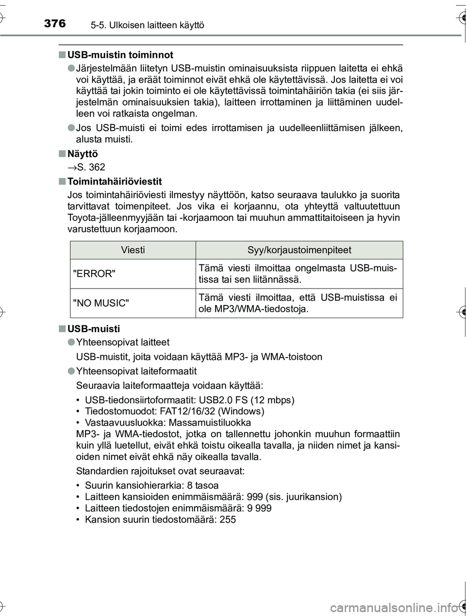 TOYOTA RAV4 2016  Omistajan Käsikirja (in Finnish) 3765-5. Ulkoisen laitteen käyttö
OM42A45FI
■USB-muistin toiminnot
●Järjestelmään liitetyn USB-muistin ominaisuuksista riippuen laitetta ei ehkä
voi käyttää, ja eräät toiminnot eivät eh
