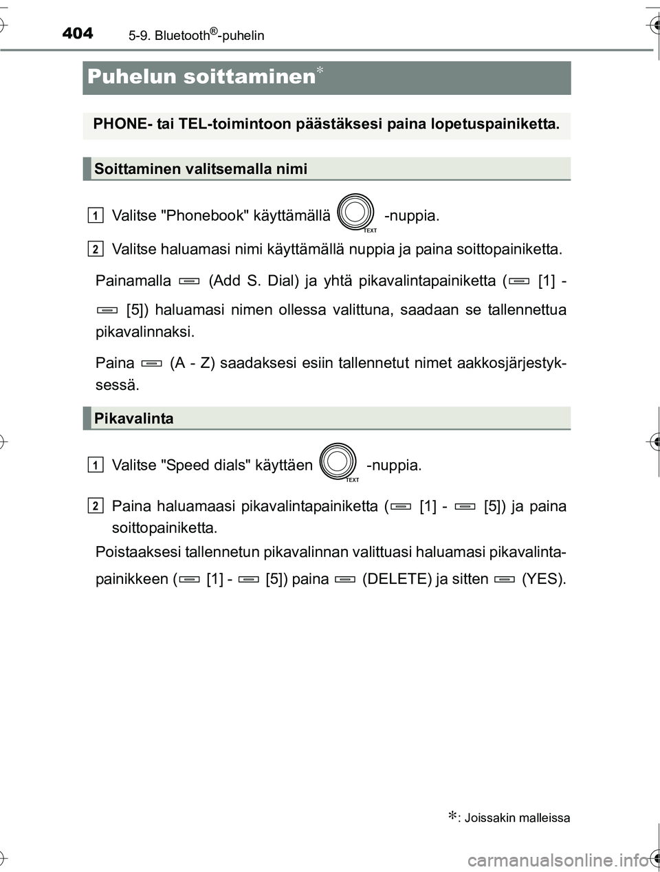 TOYOTA RAV4 2016  Omistajan Käsikirja (in Finnish) 4045-9. Bluetooth®-puhelin
OM42A45FI
Puhelun soittaminen∗
Valitse "Phonebook" käyttämällä   -nuppia.
Valitse haluamasi nimi käyttämällä nuppia ja paina soittopainiketta.
Painamalla   (Add S