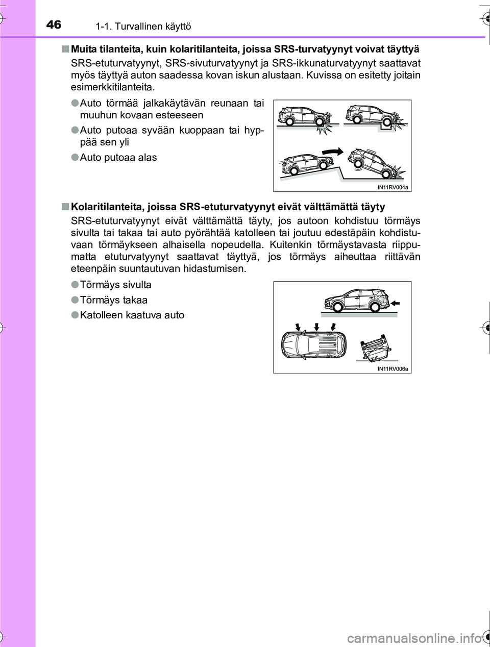 TOYOTA RAV4 2016  Omistajan Käsikirja (in Finnish) 461-1. Turvallinen käyttö
OM42A45FI■
Muita tilanteita, kuin kolaritilanteita,  joissa SRS-turvatyynyt voivat täyttyä
SRS-etuturvatyynyt, SRS-sivuturvatyynyt ja SRS-ikkunaturvatyynyt saattavat
my