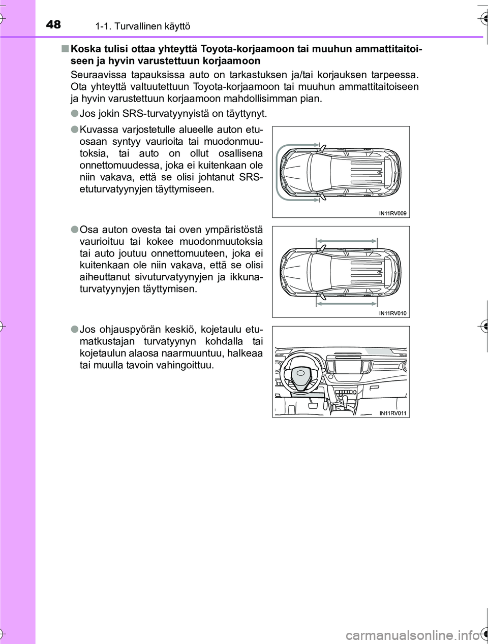 TOYOTA RAV4 2016  Omistajan Käsikirja (in Finnish) 481-1. Turvallinen käyttö
OM42A45FI■
Koska tulisi ottaa yhteyttä Toyota-k orjaamoon tai muuhun ammattitaitoi-
seen ja hyvin var ustettuun korjaamoon
Seuraavissa tapauksissa auto on tarkastuksen j