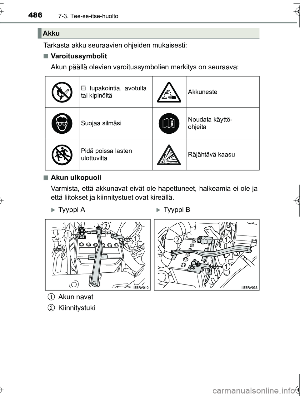 TOYOTA RAV4 2016 Omistajan Käsikirja (in Finnish) 4867-3. Tee-se-itse-huolto
OM42A45FI
Tarkasta akku seuraavien ohjeiden mukaisesti:
■Varoitussymbolit
Akun päällä olevien varoitussymbolien merkitys on seuraava:
■Akun ulkopuoli
Varmista, että TOYOTA RAV4 2016 Omistajan Käsikirja (in Finnish) 4867-3. Tee-se-itse-huolto
OM42A45FI
Tarkasta akku seuraavien ohjeiden mukaisesti:
■Varoitussymbolit
Akun päällä olevien varoitussymbolien merkitys on seuraava:
■Akun ulkopuoli
Varmista, että