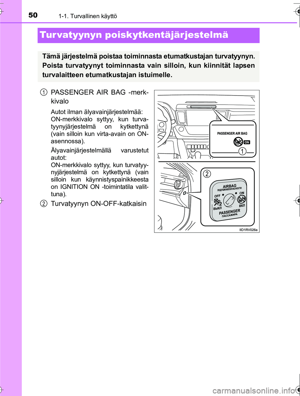 TOYOTA RAV4 2016  Omistajan Käsikirja (in Finnish) 501-1. Turvallinen käyttö
OM42A45FI
Tur vatyynyn poiskytkentäjärjestelmä
PASSENGER AIR BAG -merk-
kivalo
Autot ilman älyavainjärjestelmää: 
ON-merkkivalo syttyy, kun turva-
tyynyjärjestelmä