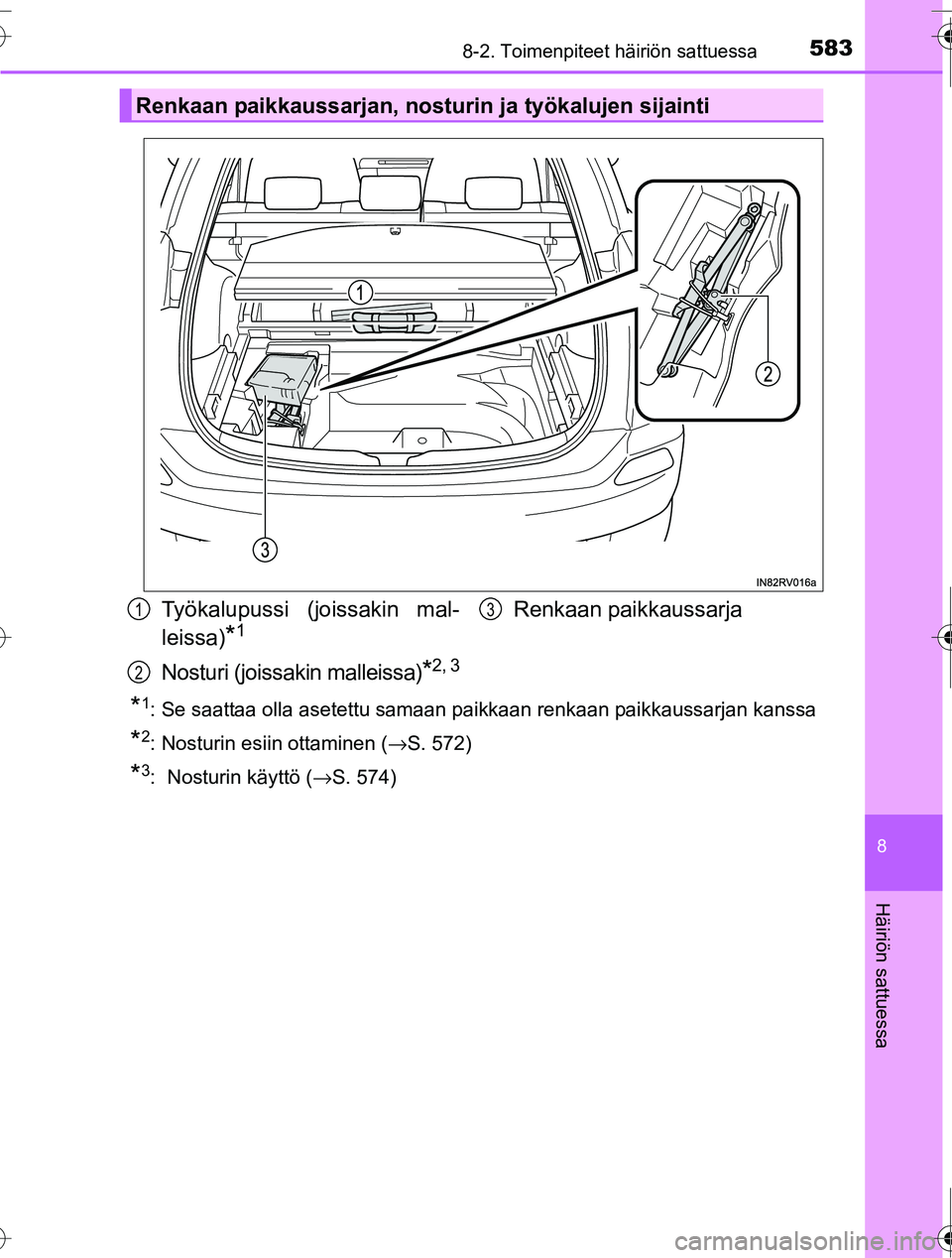 TOYOTA RAV4 2016 Omistajan Käsikirja (in Finnish) 5838-2. Toimenpiteet häiriön sattuessa
8
Häiriön sattuessa
OM42A45FI
*1: Se saattaa olla asetettu samaan paikkaan renkaan paikkaussarjan kanssa
*2: Nosturin esiin ottaminen (→S. 572)
*3: Nostur TOYOTA RAV4 2016 Omistajan Käsikirja (in Finnish) 5838-2. Toimenpiteet häiriön sattuessa
8
Häiriön sattuessa
OM42A45FI
*1: Se saattaa olla asetettu samaan paikkaan renkaan paikkaussarjan kanssa
*2: Nosturin esiin ottaminen (→S. 572)
*3: Nostur