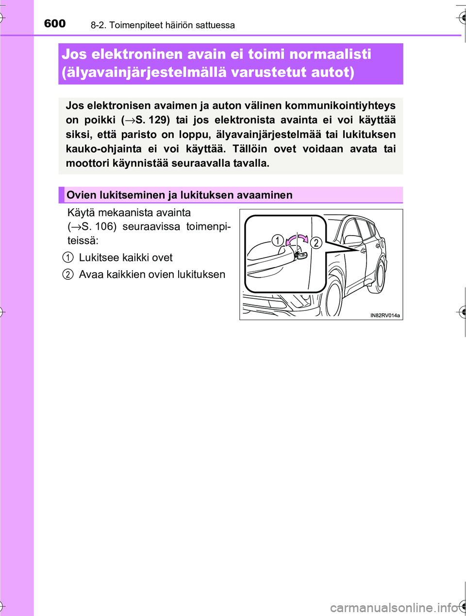 TOYOTA RAV4 2016 Omistajan Käsikirja (in Finnish) 6008-2. Toimenpiteet häiriön sattuessa
OM42A45FI
Jos elektroninen avain ei toimi nor maalisti
(älyavainjärjestelmällä varustetut autot)
Käytä mekaanista avainta
(→ S. 106) seuraavissa toim TOYOTA RAV4 2016 Omistajan Käsikirja (in Finnish) 6008-2. Toimenpiteet häiriön sattuessa
OM42A45FI
Jos elektroninen avain ei toimi nor maalisti
(älyavainjärjestelmällä varustetut autot)
Käytä mekaanista avainta
(→ S. 106) seuraavissa toim