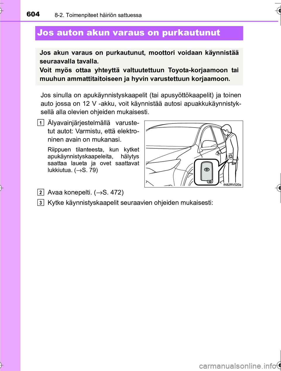TOYOTA RAV4 2016  Omistajan Käsikirja (in Finnish) 6048-2. Toimenpiteet häiriön sattuessa
OM42A45FI
Jos auton akun varaus on purkautunut
Jos sinulla on apukäynnistyskaapelit (tai apusyöttökaapelit) ja toinen
auto jossa on 12 V -akku, voit käynni