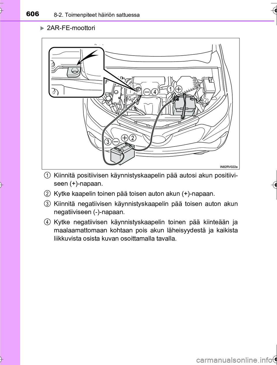 TOYOTA RAV4 2016  Omistajan Käsikirja (in Finnish) 6068-2. Toimenpiteet häiriön sattuessa
OM42A45FI
�X2AR-FE-moottoriKiinnitä positiivisen kä ynnistyskaapelin pää autosi akun positiivi-
seen (+)-napaan.
Kytke kaapelin toinen pää toisen auton a