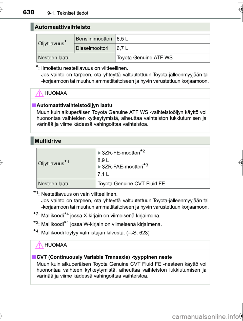 TOYOTA RAV4 2016  Omistajan Käsikirja (in Finnish) 6389-1. Tekniset tiedot
OM42A45FI
*: Ilmoitettu nestetilavuus on viitteellinen.Jos vaihto on tarpeen, ota yhteyttä valtuutettuun Toyota-jälleenmyyjään tai
-korjaamoon tai muuhun ammattitaitoiseen 
