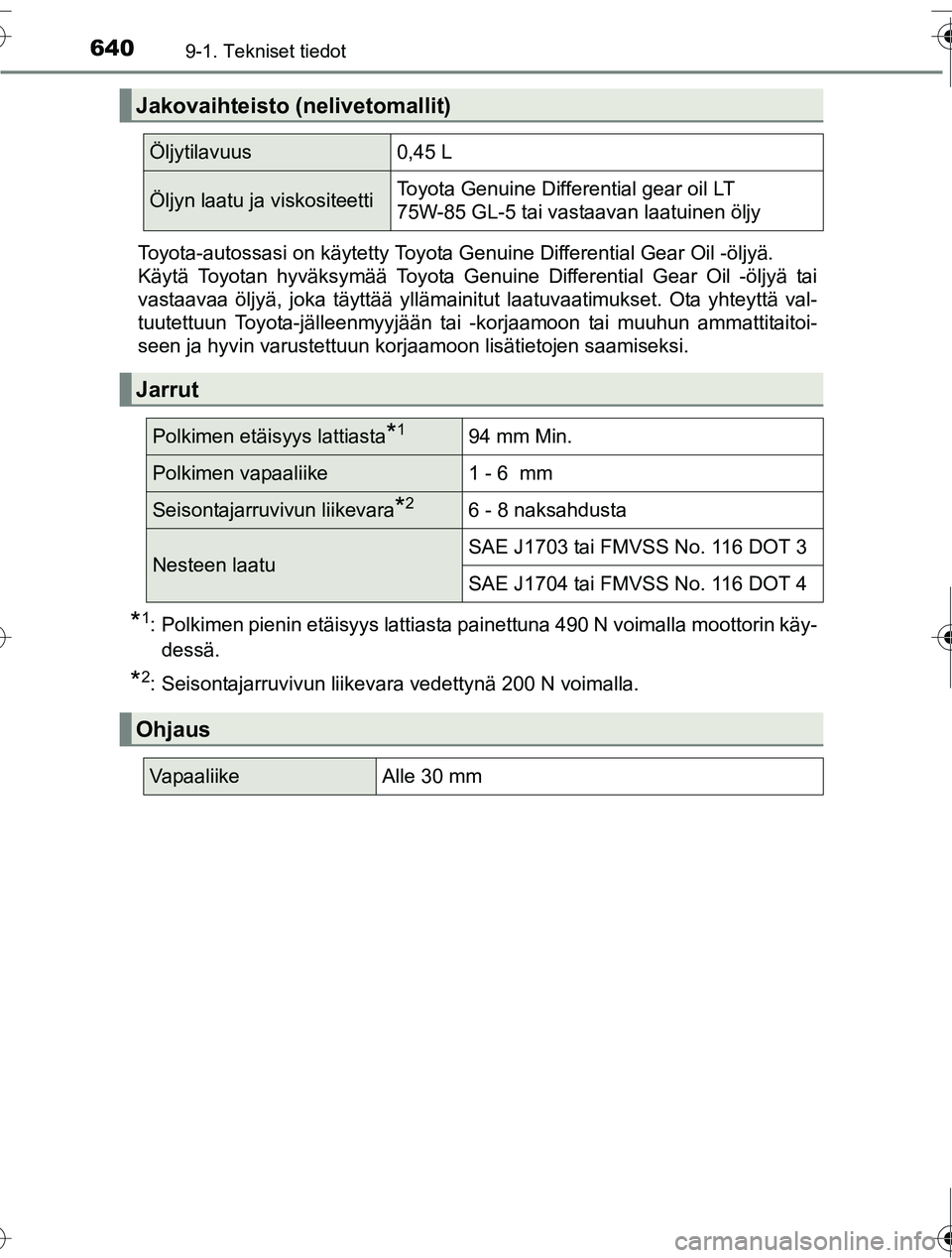 TOYOTA RAV4 2016  Omistajan Käsikirja (in Finnish) 6409-1. Tekniset tiedot
OM42A45FIToyota-autossasi on käytetty Toyota Genuine Differential Gear Oil -öljyä.
Käytä Toyotan hyväksymää Toyota Genuine Differential Gear Oil -öljyä tai
vastaavaa 