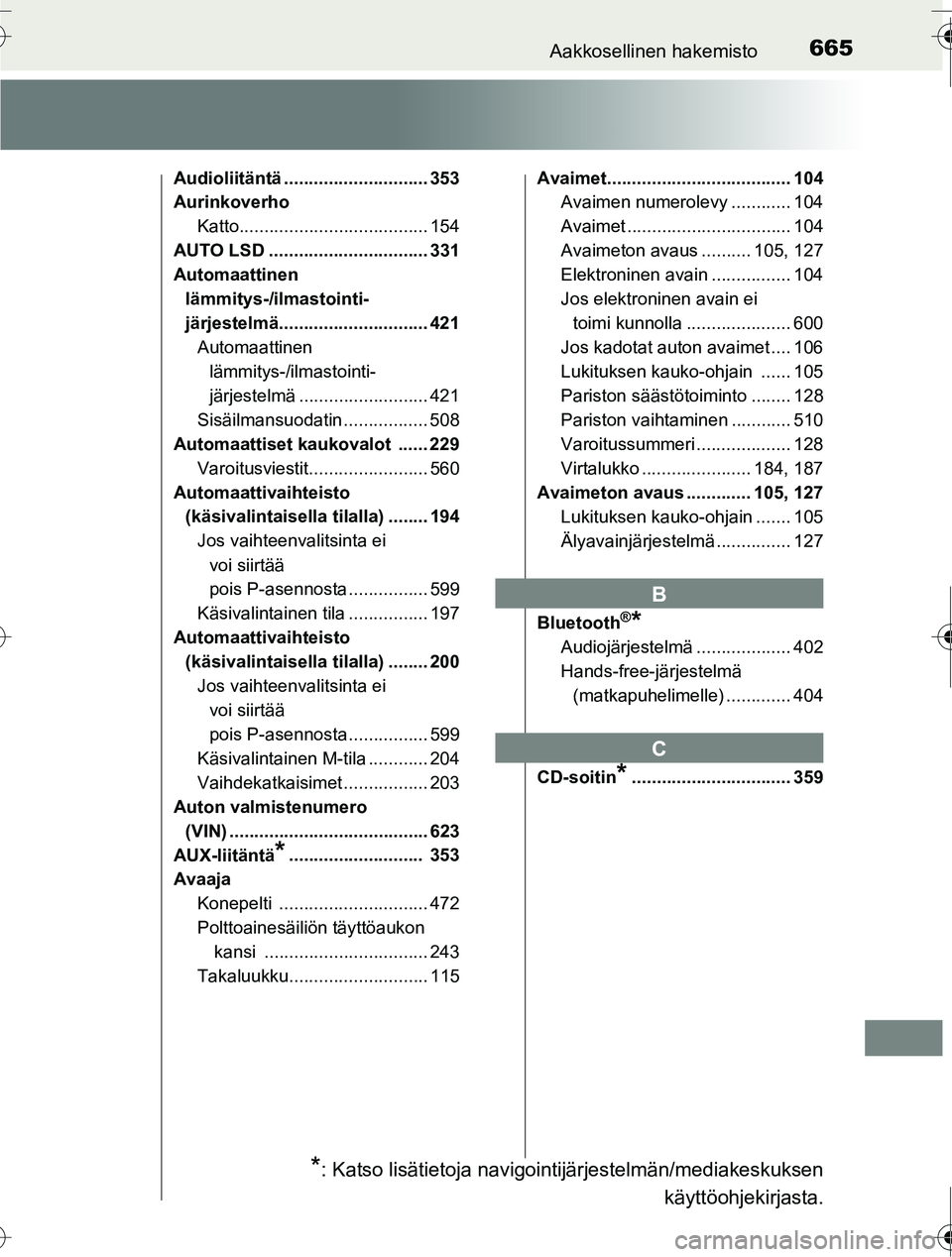 TOYOTA RAV4 2016  Omistajan Käsikirja (in Finnish) 665Aakkosellinen hakemisto
OM42A45FI
Audioliitäntä ............................. 353
AurinkoverhoKatto...................................... 154
AUTO LSD ................................ 331
Automaa