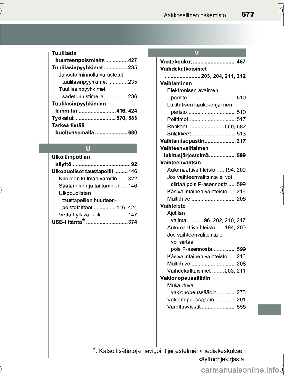 TOYOTA RAV4 2016 Omistajan Käsikirja (in Finnish) 677Aakkosellinen hakemisto
OM42A45FI
Tuulilasin huurteenpoistolaite ............... 427
Tuulilasinpyyhkimet ................ 235 Jaksotoiminnolla varustetut tuulilasinpyyhkimet ............. 235
Tuuli TOYOTA RAV4 2016 Omistajan Käsikirja (in Finnish) 677Aakkosellinen hakemisto
OM42A45FI
Tuulilasin huurteenpoistolaite ............... 427
Tuulilasinpyyhkimet ................ 235 Jaksotoiminnolla varustetut tuulilasinpyyhkimet ............. 235
Tuuli
