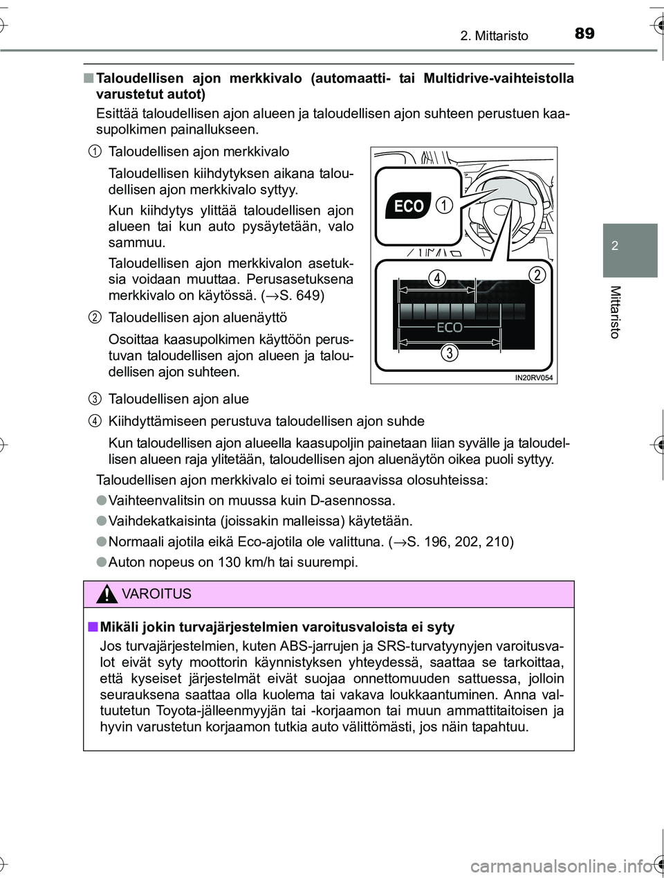 TOYOTA RAV4 2016 Omistajan Käsikirja (in Finnish) 892. Mittaristo
2
Mittaristo
OM42A45FI
■Taloudellisen ajon merkkivalo (autom aatti- tai Multidrive-vaihteistolla
varustetut autot)
Esittää taloudellisen ajon alueen ja taloudellisen ajon suhteen p TOYOTA RAV4 2016 Omistajan Käsikirja (in Finnish) 892. Mittaristo
2
Mittaristo
OM42A45FI
■Taloudellisen ajon merkkivalo (autom aatti- tai Multidrive-vaihteistolla
varustetut autot)
Esittää taloudellisen ajon alueen ja taloudellisen ajon suhteen p