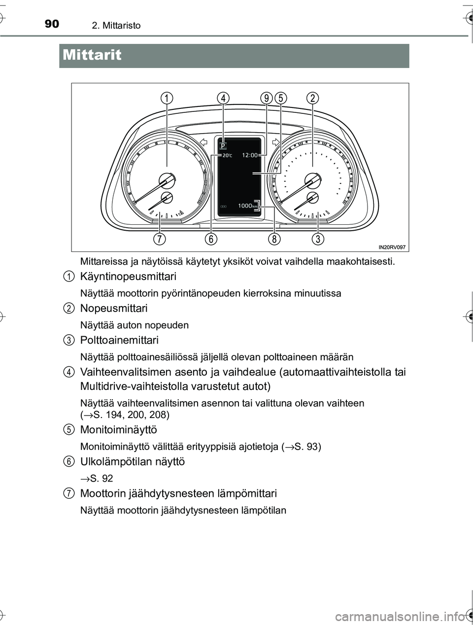 TOYOTA RAV4 2016 Omistajan Käsikirja (in Finnish) 902. Mittaristo
OM42A45FI
Mittarit
Mittareissa ja näytöissä käytetyt yksiköt voivat vaihdella maakohtaisesti.
Käyntinopeusmittari
Näyttää moottorin pyörintänopeuden kierroksina minuutissa
N TOYOTA RAV4 2016 Omistajan Käsikirja (in Finnish) 902. Mittaristo
OM42A45FI
Mittarit
Mittareissa ja näytöissä käytetyt yksiköt voivat vaihdella maakohtaisesti.
Käyntinopeusmittari
Näyttää moottorin pyörintänopeuden kierroksina minuutissa
N