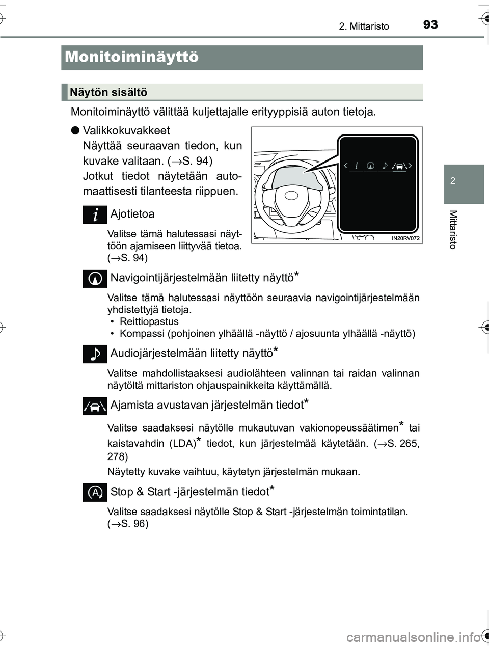 TOYOTA RAV4 2016  Omistajan Käsikirja (in Finnish) 93
2
2. Mittaristo
Mittaristo
OM42A45FI
Monitoiminäyttö
Monitoiminäyttö välittää kuljettajalle erityyppisiä auton tietoja.
● Valikkokuvakkeet 
Näyttää seuraavan tiedon, kun
kuvake valitaa