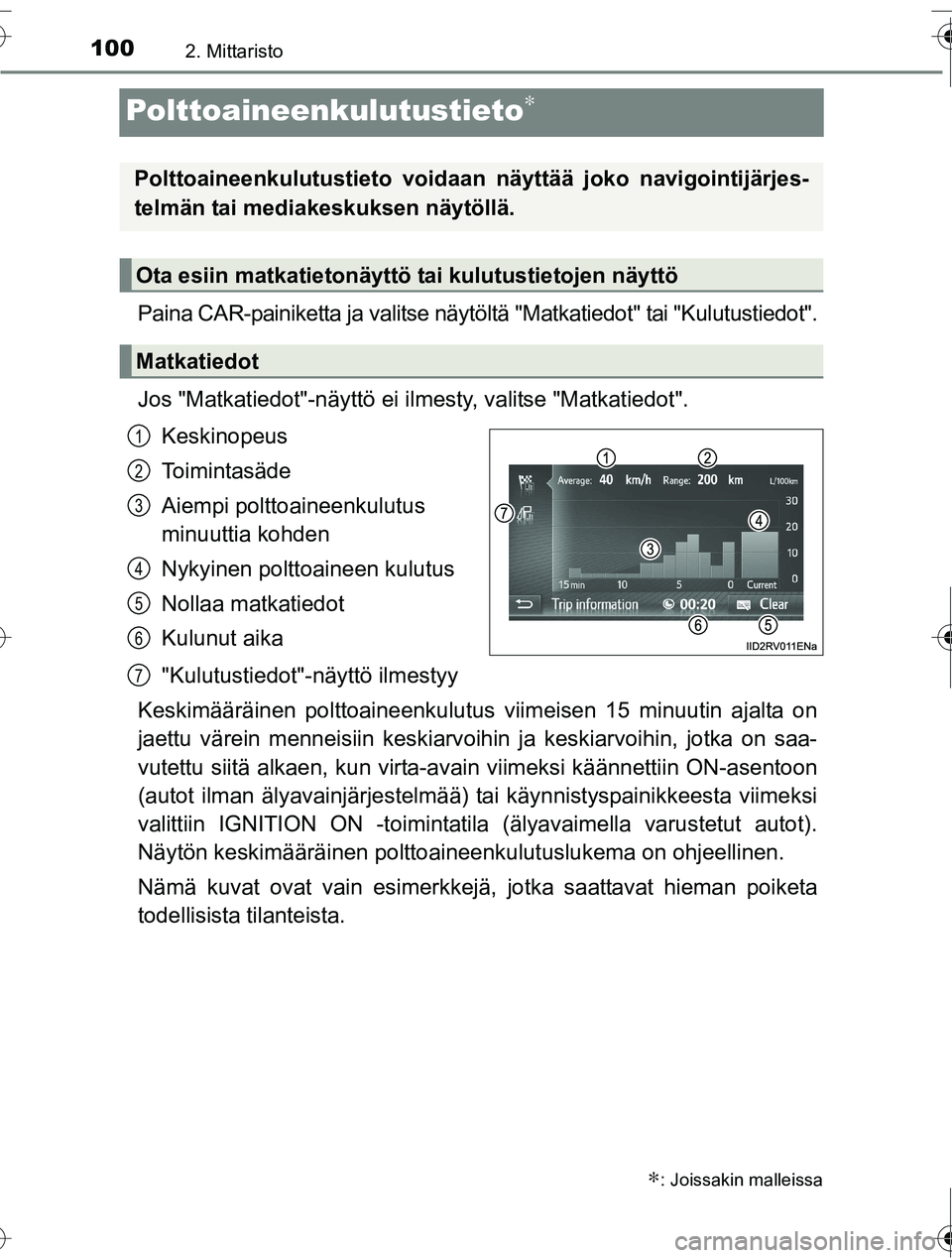 TOYOTA RAV4 2016  Omistajan Käsikirja (in Finnish) 1002. Mittaristo
OM42A45FI
Polttoaineenkulutustieto∗
Paina CAR-painiketta ja valitse näytöltä "Matkatiedot" tai "Kulutustiedot".
Jos "Matkatiedot"-näyttö ei ilmesty, valitse "Matkatiedot".
Kesk