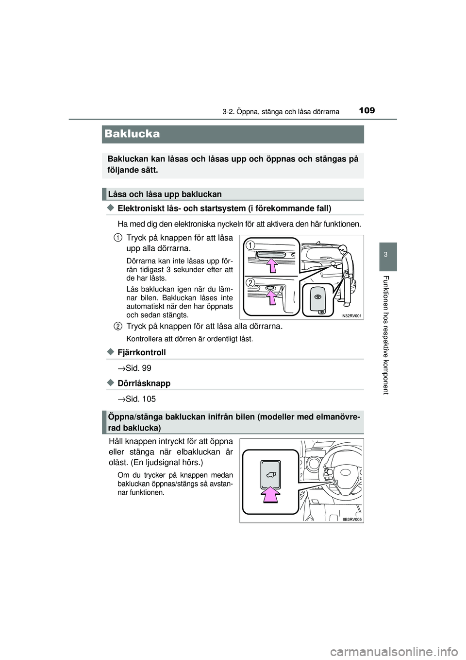TOYOTA RAV4 2015  Bruksanvisningar (in Swedish) 109
3
3-2. Öppna, stänga och låsa dörrarna
Funktionen hos respektive komponent
OM42A45SE
Baklucka
◆Elektroniskt lås- och startsystem (i förekommande fall)
Ha med dig den elektroniska nyckeln f
