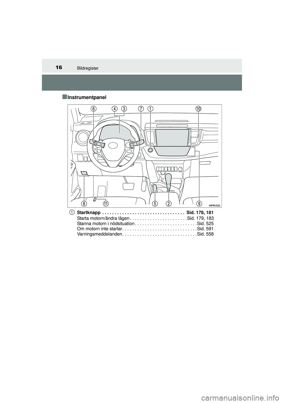 TOYOTA RAV4 2015  Bruksanvisningar (in Swedish) 16Bildregister
OM42A45SE
■Instrumentpanel
Startknapp  . . . . . . . . . . . . . . . . . . . . . . . . . . . . . . . . .  Sid. 178, 181
Starta motorn/ändra lägen . . . . . . . . . . . . . . . . . .