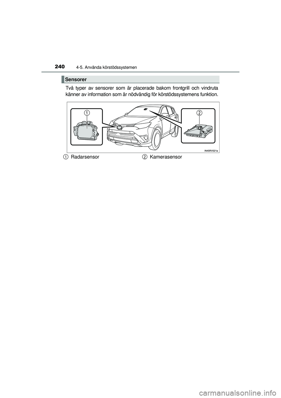TOYOTA RAV4 2015  Bruksanvisningar (in Swedish) 2404-5. Använda körstödssystemen
OM42A45SE
Två typer av sensorer som är placerade bakom frontgrill och vindruta
känner av information som är nödvändig för körstödssystemens funktion.
Senso