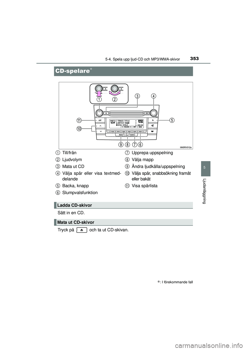 TOYOTA RAV4 2015  Bruksanvisningar (in Swedish) 353
5
5-4. Spela upp ljud-CD och MP3/WMA-skivor
Ljudanläggning
OM42A45SE
CD-spelare∗
Sätt in en CD.
Tryck på   och ta ut CD-skivan.
∗: I förekommande fall
Till/från
Ljudvolym
Mata ut CD
Välj