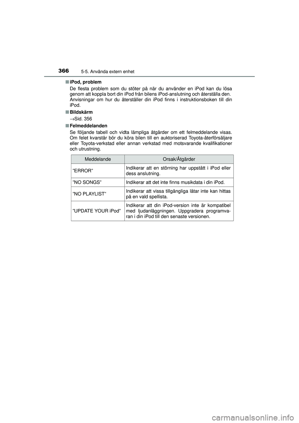 TOYOTA RAV4 2015  Bruksanvisningar (in Swedish) 3665-5. Använda extern enhet
OM42A45SE■
iPod, problem
De flesta problem som du stöter på när du använder en iPod kan du lö\
sa
genom att koppla bort din iPod från bilens iPod-anslutning och 