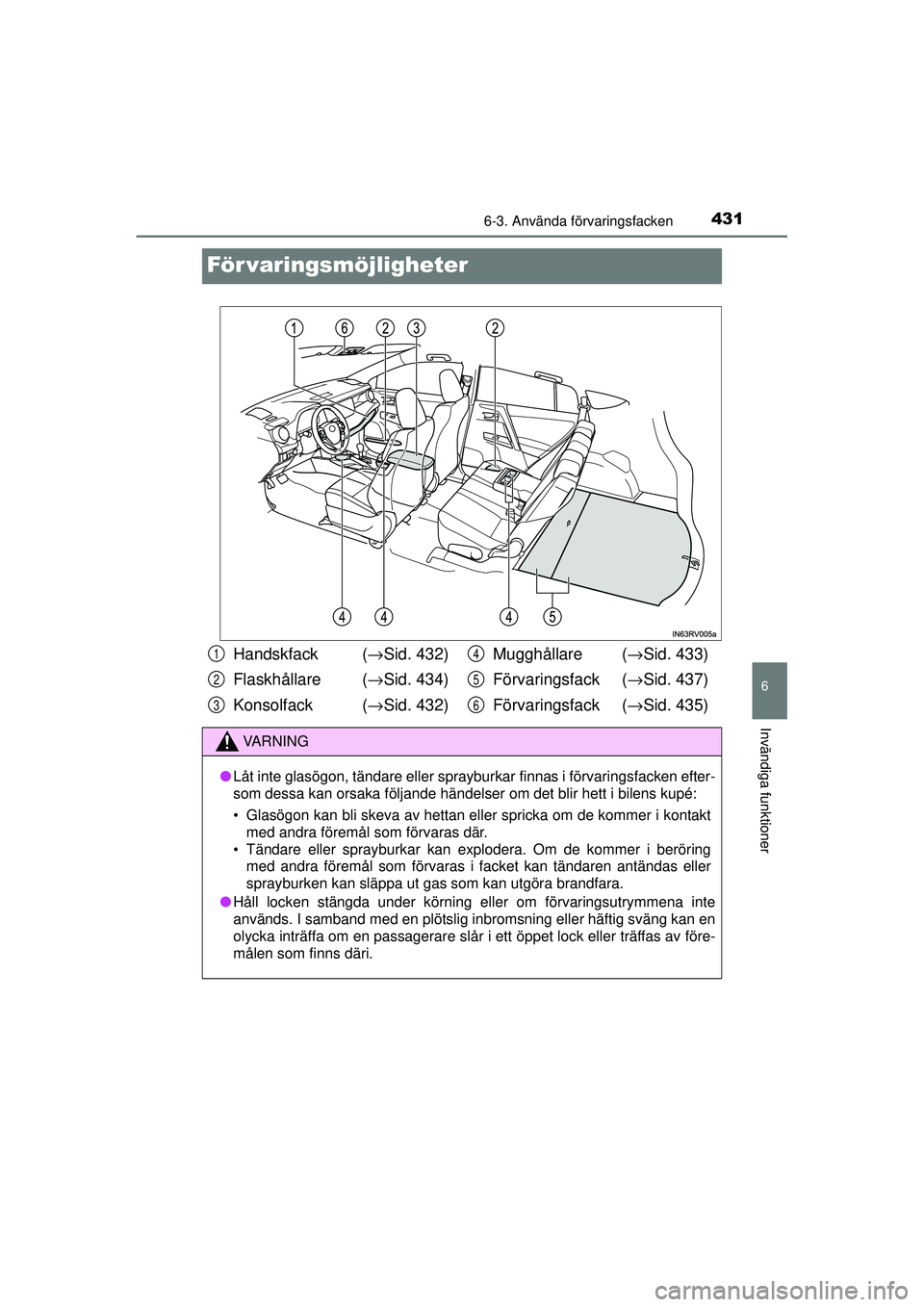 TOYOTA RAV4 2015  Bruksanvisningar (in Swedish) 4316-3. Använda förvaringsfacken
OM42A45SE
6
Invändiga funktioner
För varingsmöjligheter
Handskfack  (→Sid. 432)
Flaskhållare ( →Sid. 434)
Konsolfack  ( →Sid. 432) Mugghållare (
→Sid. 4