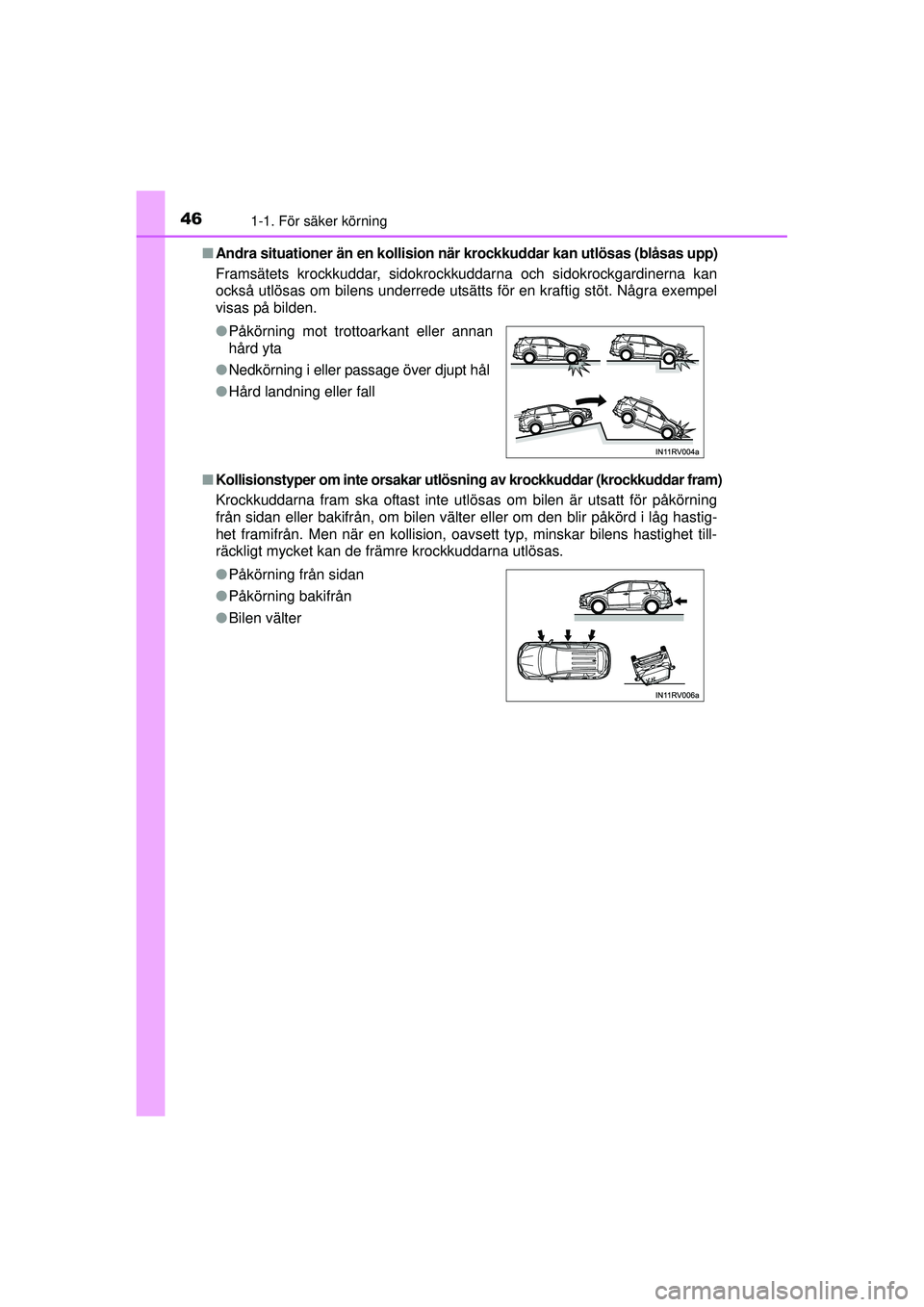 TOYOTA RAV4 2015 Bruksanvisningar (in Swedish) 461-1. För säker körning
OM42A45SE■
Andra situationer än en kollision nä r krockkuddar kan utlösas (blåsas upp)
Framsätets krockkuddar, sidokrockkuddarna och sidokrockgardinerna kan
också u TOYOTA RAV4 2015 Bruksanvisningar (in Swedish) 461-1. För säker körning
OM42A45SE■
Andra situationer än en kollision nä r krockkuddar kan utlösas (blåsas upp)
Framsätets krockkuddar, sidokrockkuddarna och sidokrockgardinerna kan
också u