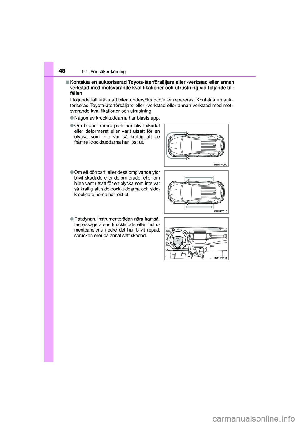 TOYOTA RAV4 2015 Bruksanvisningar (in Swedish) 481-1. För säker körning
OM42A45SE■
Kontakta en auktoriserad Toyota-återförsäljare eller -verkstad eller annan
verkstad med motsvarande kvalifikati oner och utrustning vid följande till-
fäl TOYOTA RAV4 2015 Bruksanvisningar (in Swedish) 481-1. För säker körning
OM42A45SE■
Kontakta en auktoriserad Toyota-återförsäljare eller -verkstad eller annan
verkstad med motsvarande kvalifikati oner och utrustning vid följande till-
fäl