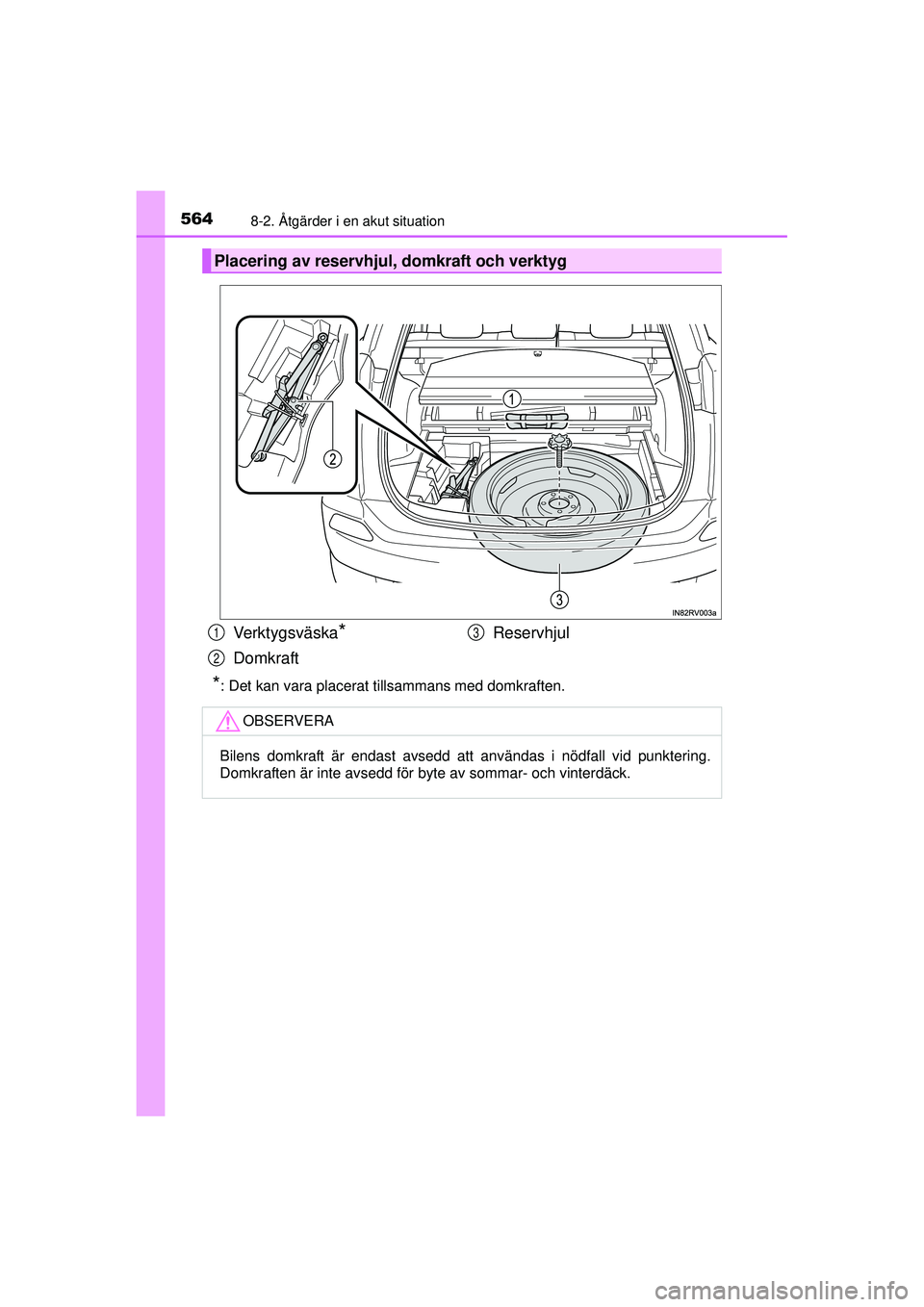TOYOTA RAV4 2015 Bruksanvisningar (in Swedish) 5648-2. Åtgärder i en akut situation
OM42A45SE
*: Det kan vara placerat tillsammans med domkraften.
Placering av reservhjul, domkraft och verktyg
Ve r k t y g s v ä s k a*
DomkraftReservhjul
OBSERV TOYOTA RAV4 2015 Bruksanvisningar (in Swedish) 5648-2. Åtgärder i en akut situation
OM42A45SE
*: Det kan vara placerat tillsammans med domkraften.
Placering av reservhjul, domkraft och verktyg
Ve r k t y g s v ä s k a*
DomkraftReservhjul
OBSERV