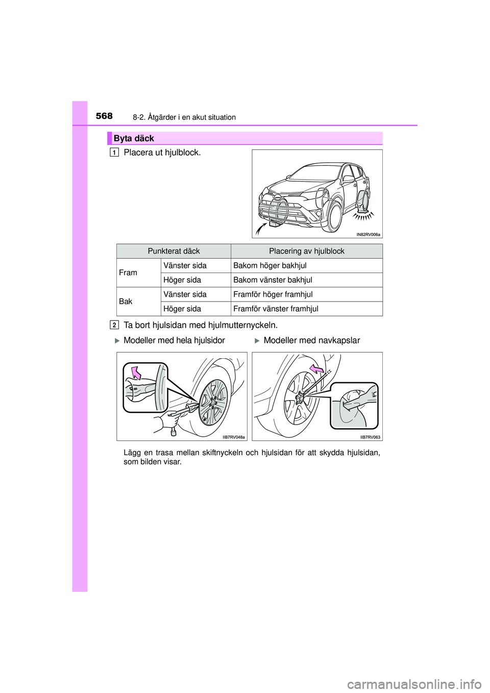 TOYOTA RAV4 2015 Bruksanvisningar (in Swedish) 5688-2. Åtgärder i en akut situation
OM42A45SE
Placera ut hjulblock.
Ta bort hjulsidan med hjulmutternyckeln.
Lägg en trasa mellan skiftnyckeln och hjulsidan för att skydda hjulsidan,
som bilden v TOYOTA RAV4 2015 Bruksanvisningar (in Swedish) 5688-2. Åtgärder i en akut situation
OM42A45SE
Placera ut hjulblock.
Ta bort hjulsidan med hjulmutternyckeln.
Lägg en trasa mellan skiftnyckeln och hjulsidan för att skydda hjulsidan,
som bilden v