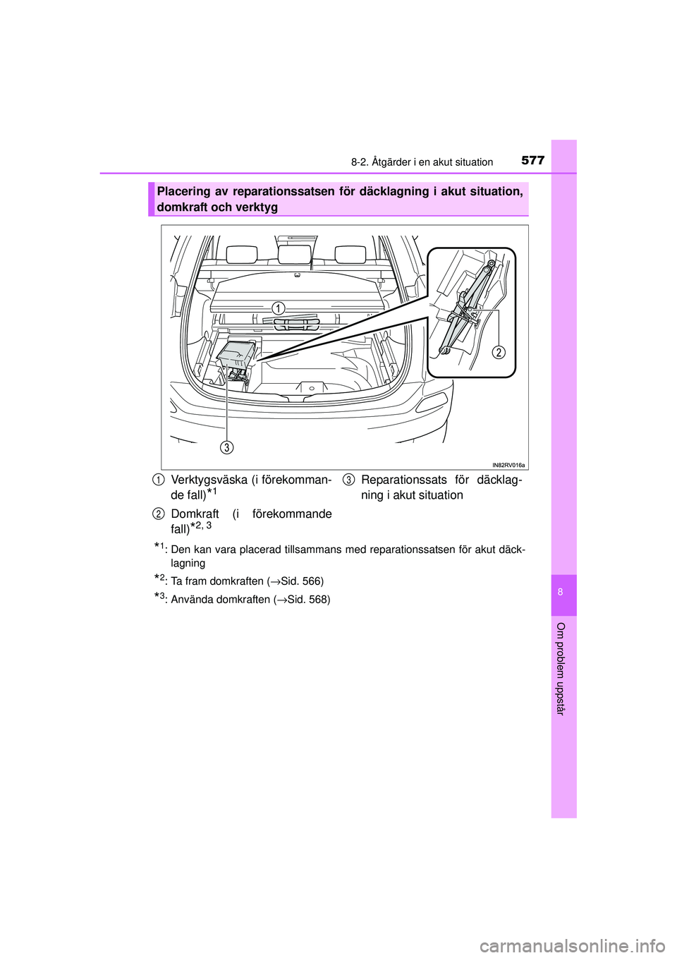 TOYOTA RAV4 2015 Bruksanvisningar (in Swedish) 5778-2. Åtgärder i en akut situation
8
Om problem uppstår
OM42A45SE
*1: Den kan vara placerad tillsammans med reparationssatsen för akut däck-lagning
*2: Ta fram domkraften ( →Sid. 566)
*3: Anv TOYOTA RAV4 2015 Bruksanvisningar (in Swedish) 5778-2. Åtgärder i en akut situation
8
Om problem uppstår
OM42A45SE
*1: Den kan vara placerad tillsammans med reparationssatsen för akut däck-lagning
*2: Ta fram domkraften ( →Sid. 566)
*3: Anv