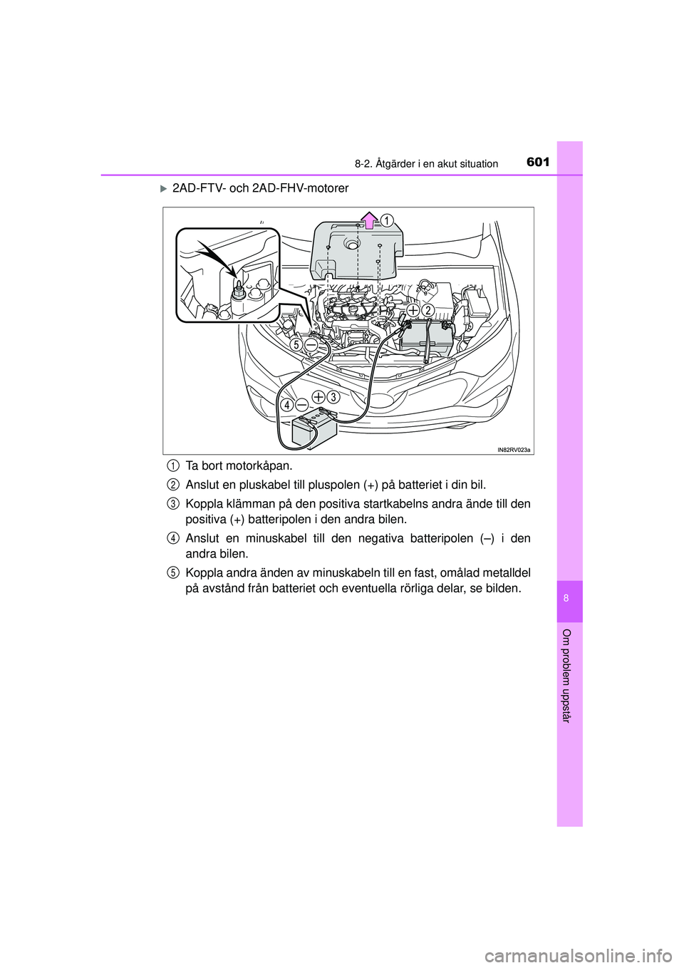 TOYOTA RAV4 2015  Bruksanvisningar (in Swedish) 6018-2. Åtgärder i en akut situation
8
Om problem uppstår
OM42A45SE
�X2AD-FTV- och 2AD-FHV-motorerTa bort motorkåpan.
Anslut en pluskabel till pluspolen (+) på batteriet i din bil.
Koppla klämma