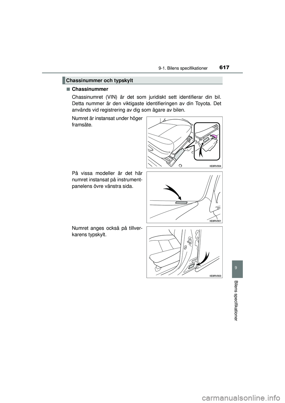 TOYOTA RAV4 2015  Bruksanvisningar (in Swedish) 6179-1. Bilens specifikationer
OM42A45SE
9
Bilens specifikationer
■Chassinummer
Chassinumret (VIN) är det som juridiskt sett identifierar din bil.
Detta nummer är den viktigaste identifieringen av