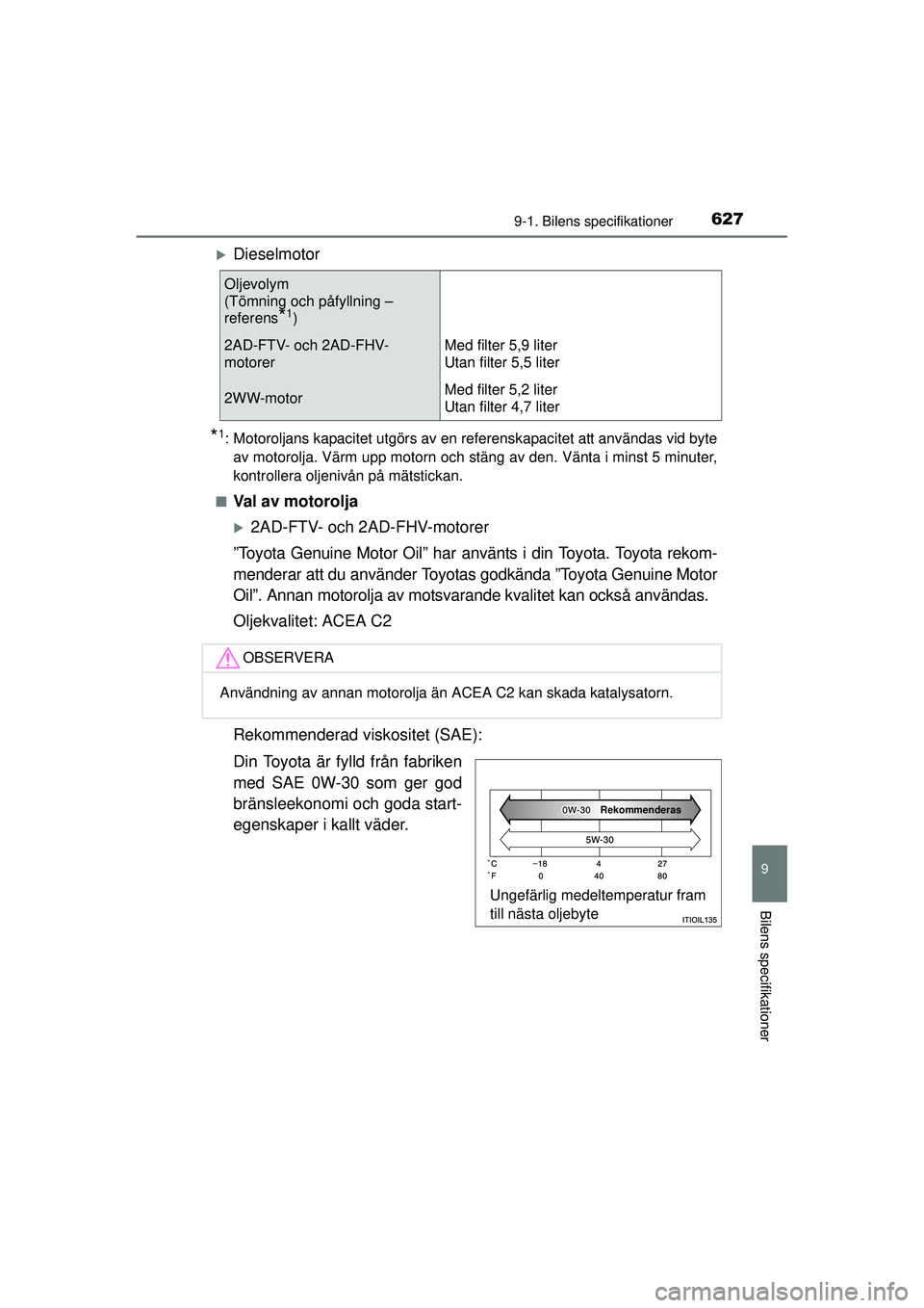 TOYOTA RAV4 2015  Bruksanvisningar (in Swedish) 6279-1. Bilens specifikationer
OM42A45SE
9
Bilens specifikationer
�XDieselmotor
*1: Motoroljans kapacitet utgörs av en referenskapacitet att användas vid byteav motorolja. Värm upp motorn och stän