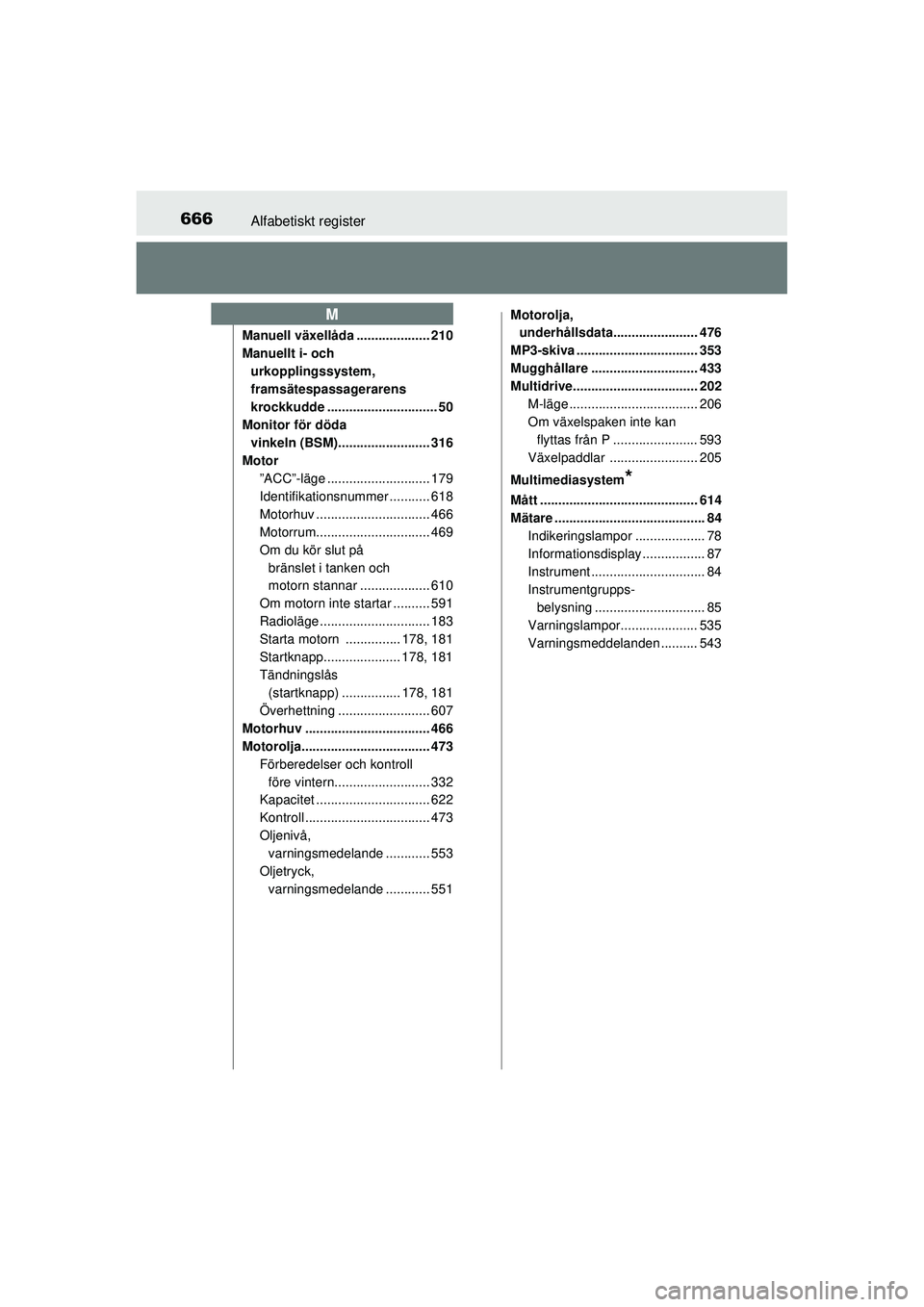 TOYOTA RAV4 2015  Bruksanvisningar (in Swedish) 666Alfabetiskt register
OM42A45SE
Manuell växellåda .................... 210
Manuellt i- och urkopplingssystem, 
framsätespassagerarens 
krockkudde .............................. 50
Monitor för d