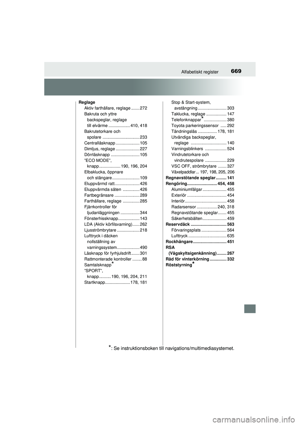 TOYOTA RAV4 2016  Bruksanvisningar (in Swedish) 669Alfabetiskt register
OM42A45SE
ReglageAktiv farthållare, reglage ....... 272
Bakruta och yttre 
backspeglar, reglage 
till elvärme .................. 410, 418
Bakrutetorkare och  spolare ........